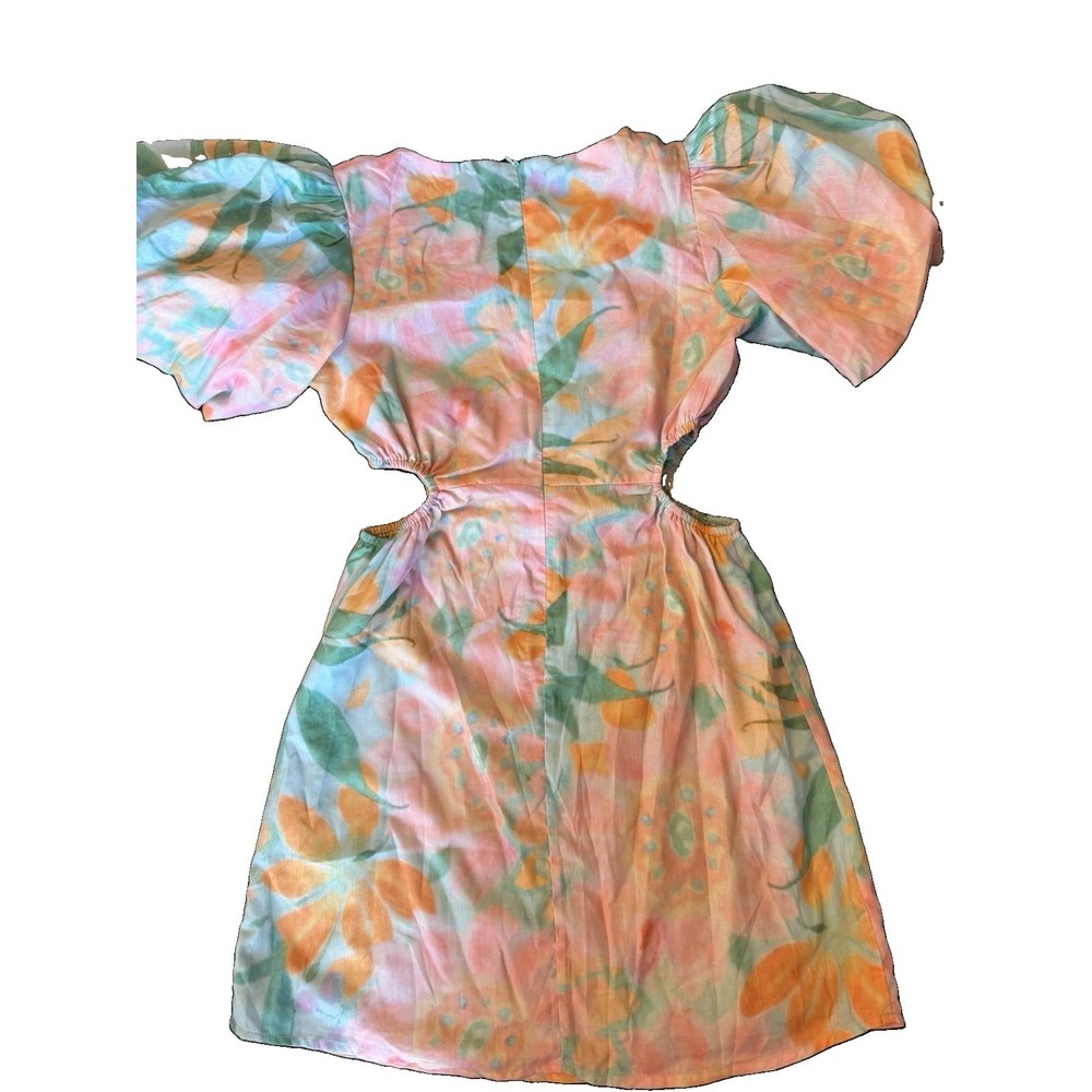 Petal & Pup Natalie Puff Sleeve Cutout Mini Dress Coral Print Floral Size Small - Picture 2 of 3